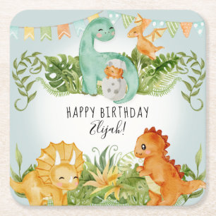 Cute Dinosaur Waterverf Foliage Birthday Party Vierkante Kartonnen Onderzetter