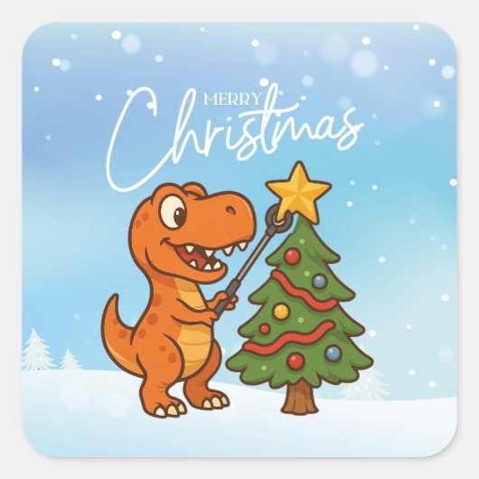 Cute dinosaur with Christmas tree Vierkante Sticker (Voorkant)