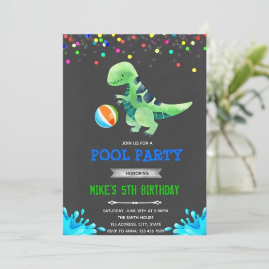 Cute dinosaure piscine anniversaire invitation (Debout devant)