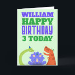 Cute Dinosaures Enfants Nom d'âge Carte d'annivers<br><div class="desc">Envoyez un jeune enfant des salutations dans le style avec cette carte amusante de dinosaures avec de mignons animaux préhistoriques Dans les casquettes de fête le bas, et grande typographie audacieuse en violet et vert en haut. Happy Birthday est dans un style fixe, et vous pouvez facilement personnaliser la ligne...</div>