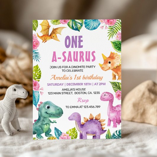 Cute Dinosaures Fille 1er Anniversaire Invitation
