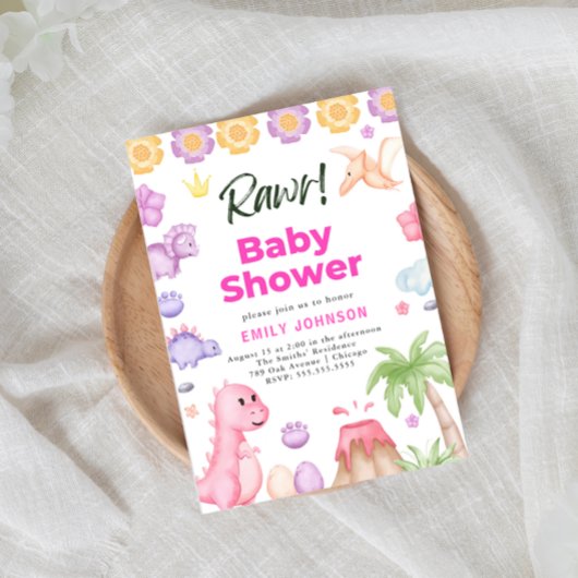 Cute Dinosaures Invitation Baby shower fille