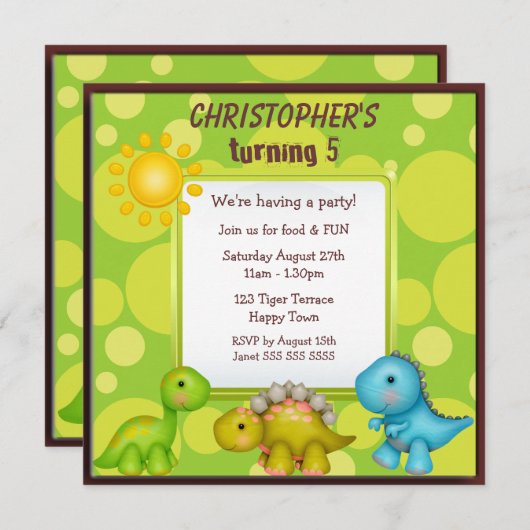 Cute Dinosaurs Birthday Party Kaart (Voorkant / Achterkant)