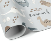 Cute Dinosaurs Footprints & Custom Name Light Blue Cadeaupapier (Rol Hoek)