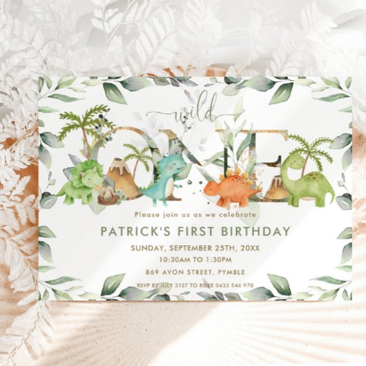 Cute Dinosaurs Greenery 1st Birthday Wild One Kaart