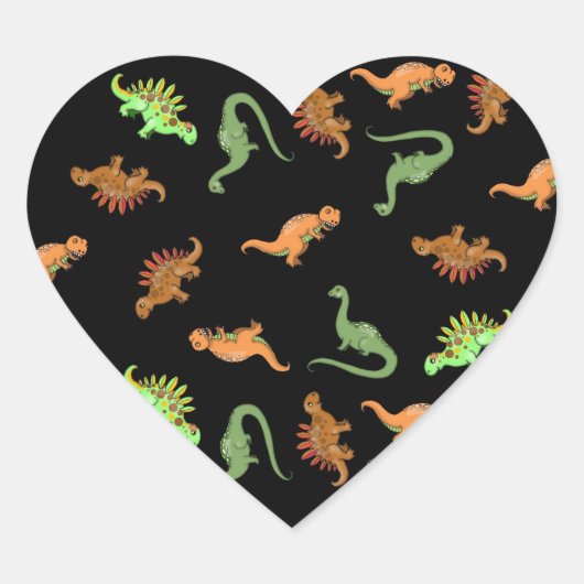 Cute Dinosaurs op zwarte achtergrond Hart Sticker (Voorkant)