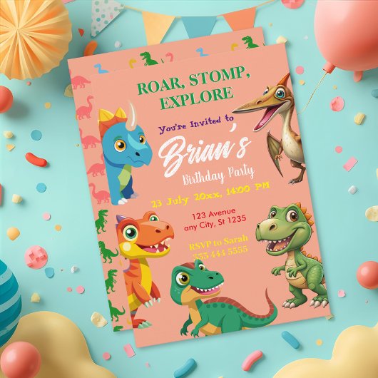 Cute Dinosaurs roar Boy Birthday  Invitation Kaart