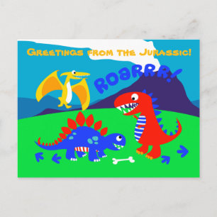 Cute dinosaurussen op een heuvel briefkaart