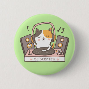 Cute DJ Scratch Kitty Cat Knop Ronde Button 5,7 Cm
