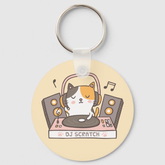 Cute DJ Scratch Kitty Cat Pun Sleutelhanger (Voorkant)