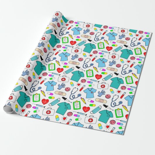 Cute Doctor Nurse Medical Supply Pattern Cadeaupapier (Uitgerold)