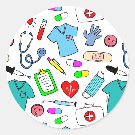 Cute Doctor Nurse Medical Supply Pattern Ronde Sticker (Voorkant)
