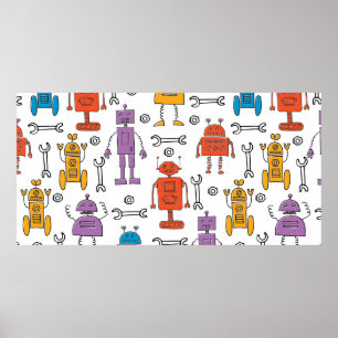 Cute doedle robots. Naadloos patroon. Cartoon Poster