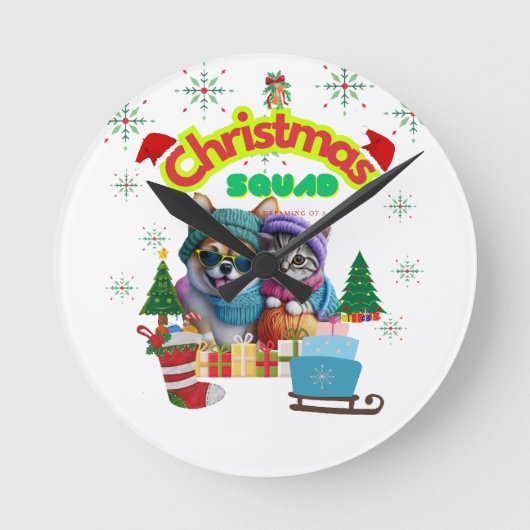 Cute dog and cat Christmas squad design  Ronde Klok (Voorkant)