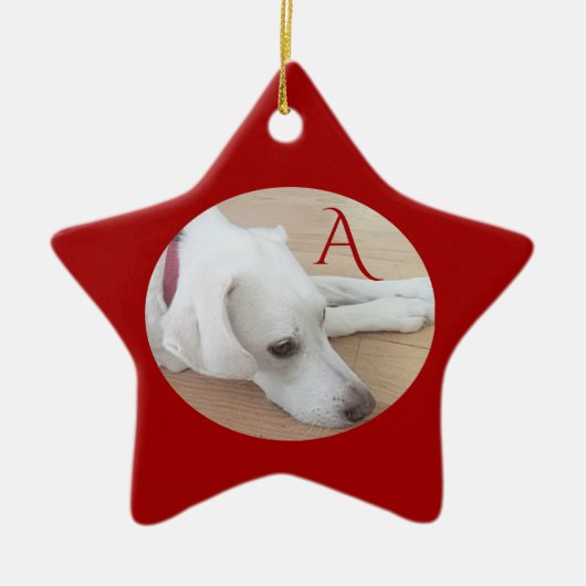 Cute Dog Custom Single Initiaal Red Kerstster Keramisch Ornament (Voorkant)