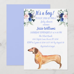 Cute Dog Dachshund Floral Blue Weiner Baby Boy Kaart