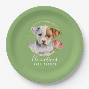 Cute Dog en Bloem   Baby shower voorjaar Papieren Bordje