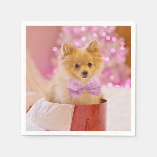 Cute Dog met Roze Bow-kerstfoto Servet (Voorkant)