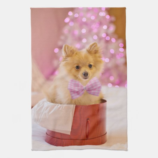 Cute Dog met roze kerstfoto's Theedoek (Verticaal)