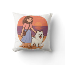 Cute Dog Mom Walking Fluffy Pup on Sunset Beach 