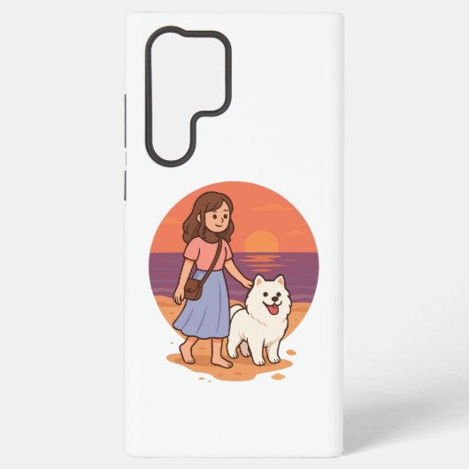 Cute Dog Mom Walking Fluffy Pup on Sunset Beach Samsung Galaxy Hoesje (Achterkant)