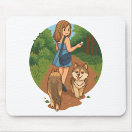Cute Dog Mom Walking Puppies Forest Trail Illustra Muismat