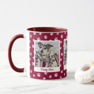 Cute Dog Name & Photo Red and White Paw Prints Mok
