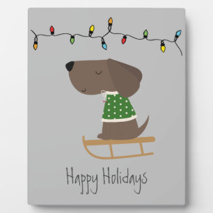 Cute Dog on Sled Holiday Greeting Fotoplaat