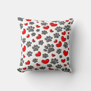Cute Dog Paw en Red Hearts Pattern Kussen