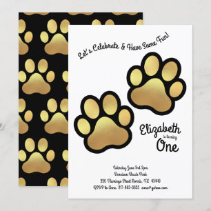 Cute Dog Paw Print Kinder 1e verjaardag Gold Black Kaart