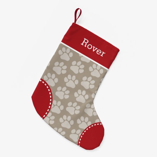 Cute Dog Paw Print Pattern Custom Pet Name Kleine Kerstsok (Voorkant (Hangend))