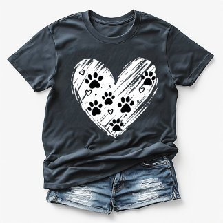 Cute Dog Paw Prints Brushstroke Heart Black  T-shirt