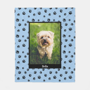 Cute Dog Photo Name Black Paw Printerpatroon Blue Fleece Deken