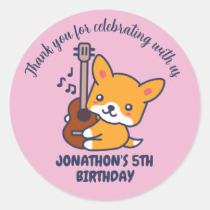 Cute Dog Play Guitar Kids Birthday Party Ronde Sticker