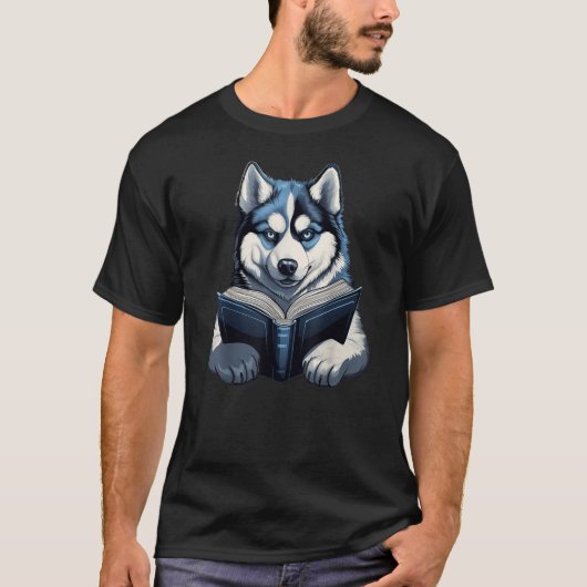 Cute Dog Siberian Husky Reading Book T-shirt (Voorkant)