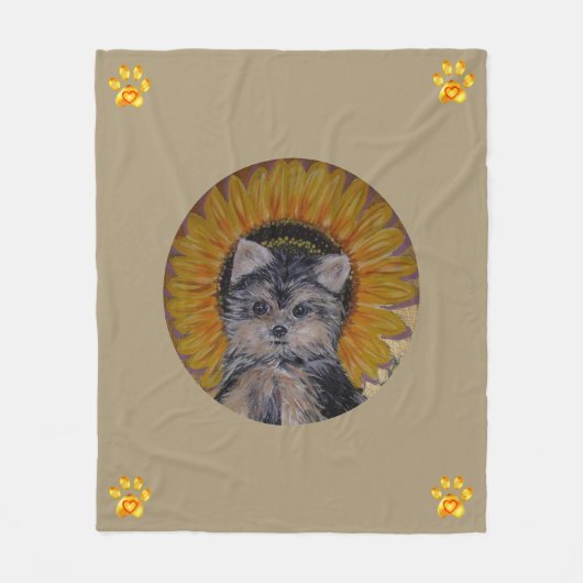 Cute Dog, Sunflower and Gold Paws Fleece Blanket (Voorkant)