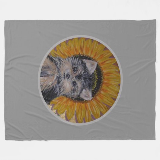 Cute Dog, Sunflower on Silver Grey Fleece Deken (Voorkant (Horizontaal))