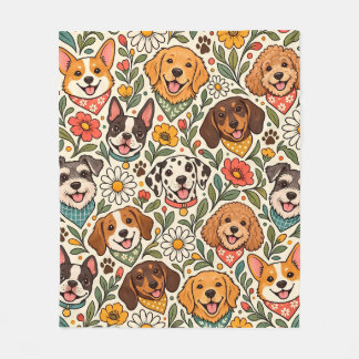 Cute Dogs and Colorful Floral Pattern Fleece Deken