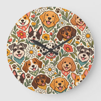 Cute Dogs and Colorful Floral Pattern Grote Klok