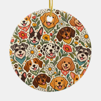 Cute Dogs and Colorful Floral Pattern Keramisch Ornament