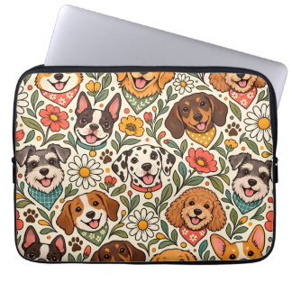 Cute Dogs and Colorful Floral Pattern Laptop Sleeve