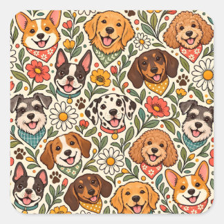 Cute Dogs and Colorful Floral Pattern Vierkante Sticker