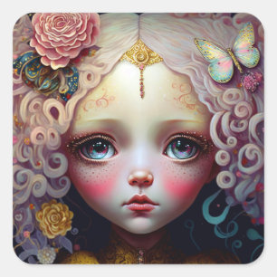 Cute Doll Girl Pink Hair Vierkante Sticker