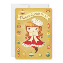 Cute Doll in Red Dress Vintage-kerstkaart