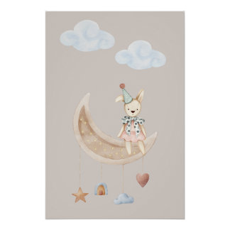 Cute Doll on Crescent Moon Illustration Poster Perfect Poster