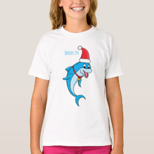 Cute dolphin met Santa hat cartoon T-shirt