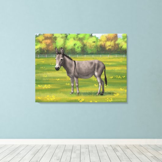 Cute Donkey Grey Burro in Pasture Canvas Afdruk (Insitu (Houten vloer))