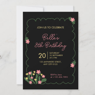 Cute Doodle Flower Frame Kids Birthday Invitation Kaart