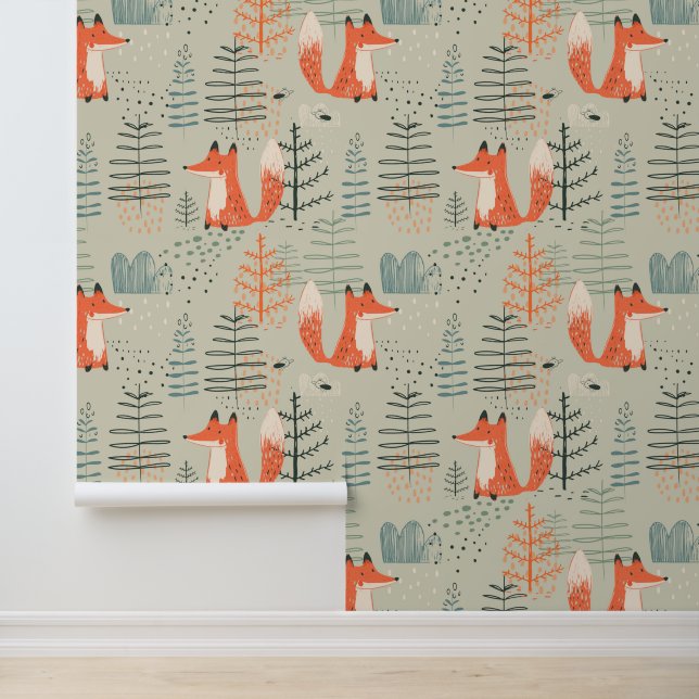 Cute Doodle Fox Forest Woodland Pattern Behang (Applicatie)