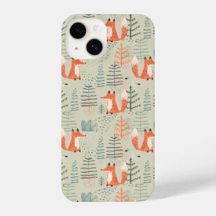 Cute Doodle Fox Forest Woodland Pattern iPhone 14 Hoesje